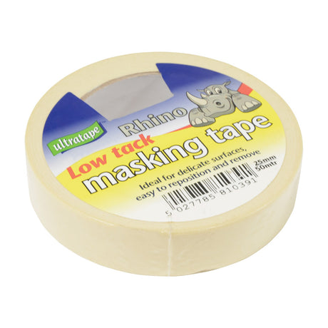 Ultra Tape Rhino Low Tack Masking Tape roll in cream with yellow and blue label featuring a rhino graphic, shown on a plain white background.