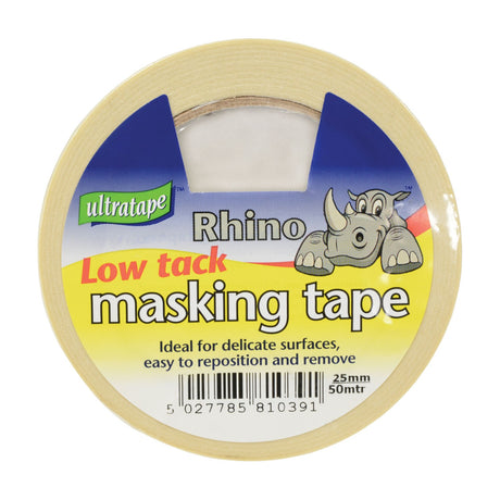 Ultra Tape Rhino Low Tack Masking Tape roll in cream with circular blue and yellow label featuring rhino graphic, shown on a white background.