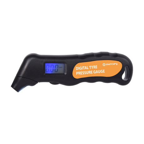 Mercury digital tyre pressure gauge with black rubberised grip, orange label, and blue backlit LCD showing 0.00 BAR, on a plain white background.