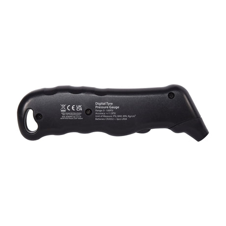 Side view of the AVSL Mercury Digital Tyre Pressure Gauge showing its black ergonomic grip, lanyard loop and printed specification label on a white background.