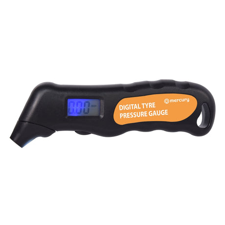 A black digital tire pressure gauge with an orange label on the handle displaying "Mercury Digital Tyre Pressure Gauge." It features a backlit display and an LCD screen showing 0.0 Bar.