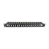 Adastra 1U cable management channel in black powder-coated steel with slotted finger trunking across the 19" rack faceplate, shown on a white background.
