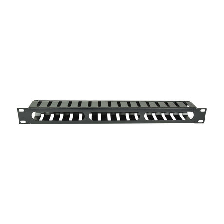 Adastra 1U cable management channel in black powder-coated steel with slotted finger trunking across the 19" rack faceplate, shown on a white background.