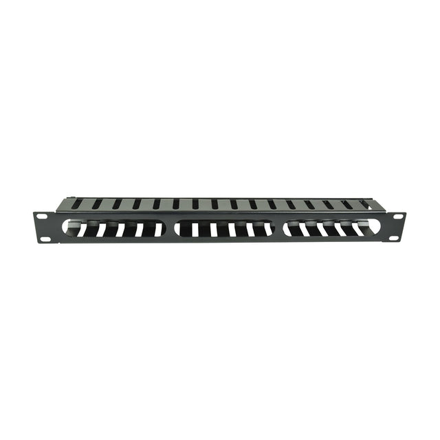Adastra 1U cable management channel in black powder-coated steel with slotted finger trunking across the 19" rack faceplate, shown on a white background.