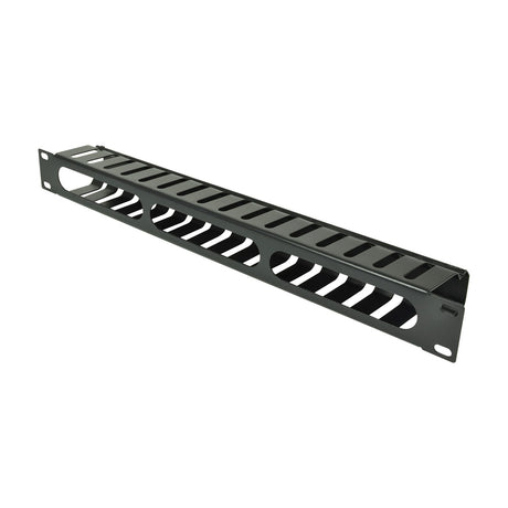 Adastra 1U cable management channel in black powder-coated steel with slotted finger trunking and front mounting ears, shown on a white background.