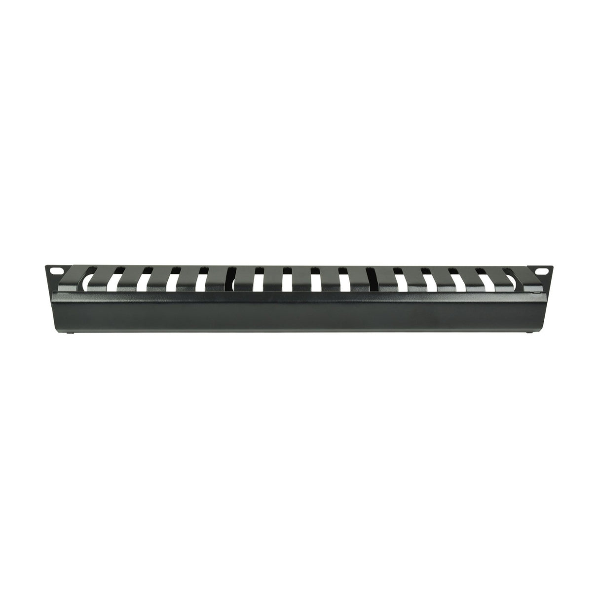 Adastra 1U black steel cable management channel with slotted finger trunking and front mounting ears, shown on a plain white background.