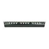 Adastra 1U black steel cable management channel with slotted finger trunking and front mounting ears, shown on a plain white background.