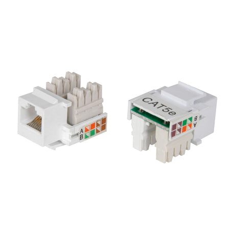 AV:Link RJ45 keystone jack modules by AVSL shown front and rear, white housing with IDC punch-down contacts and Cat5e T568A/B colour-coded wiring label.