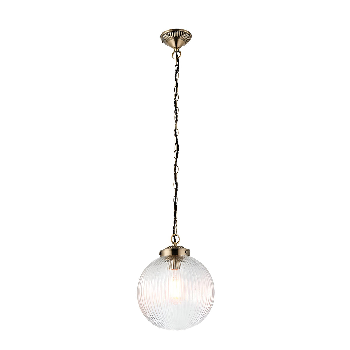 Endon Ashmere pendant light with a ribbed clear glass globe shade suspended from an antique brass chain and ceiling rose on a white background.