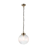 Endon Ashmere pendant light with a ribbed clear glass globe shade suspended from an antique brass chain and ceiling rose on a white background.
