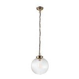 Endon Ashmere pendant light with a ribbed clear glass globe shade suspended from an antique brass chain and ceiling rose on a white background.
