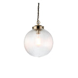 Endon Ashmere pendant light with a ribbed round clear glass globe shade and antique brass chain suspension, shown on a white background.