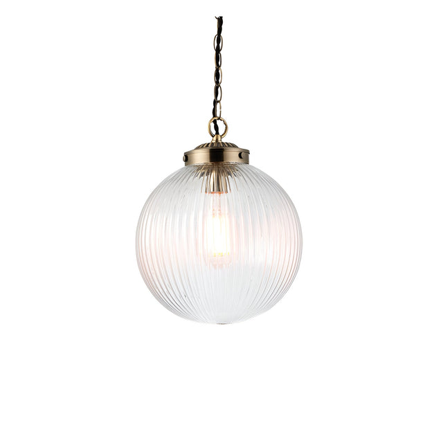 Endon Ashmere pendant light with a ribbed round clear glass globe shade and antique brass chain suspension, shown on a white background.