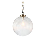Endon Ashmere Large Pendant with ribbed round clear glass globe shade suspended from an antique brass chain, shown on a white background.