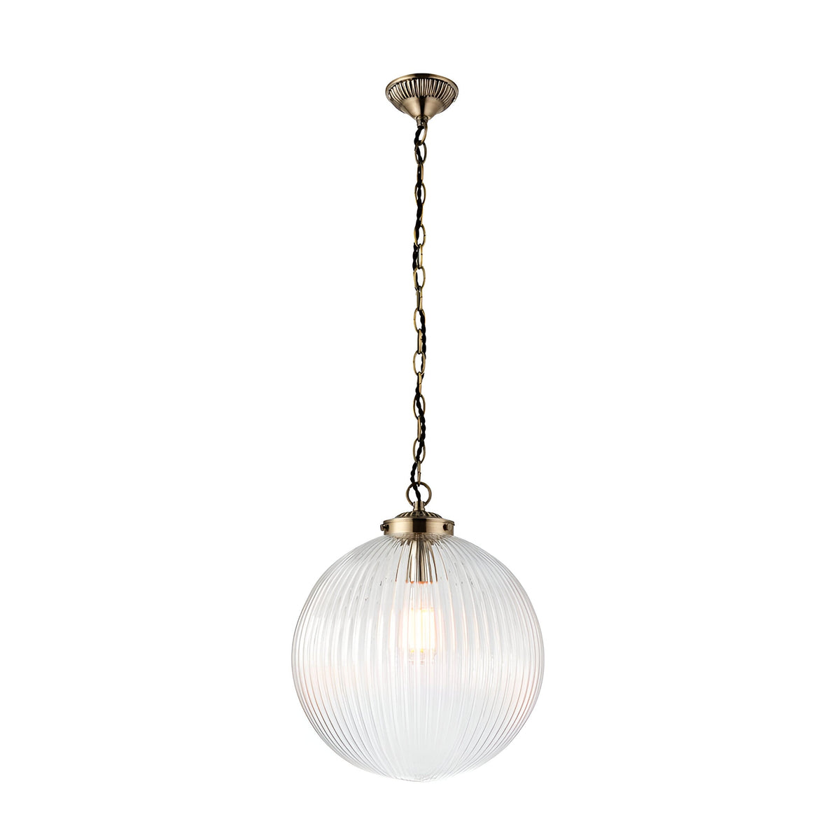 Endon Ashmere Large Pendant in antique brass with a ribbed round clear glass globe shade suspended from a decorative chain on a white background.