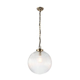 Endon Ashmere Large Pendant in antique brass with a ribbed round clear glass globe shade suspended from a decorative chain on a white background.