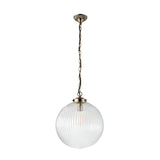 Endon Ashmere Large pendant light with a ribbed round clear glass globe shade suspended from an antique brass chain on a plain white background.