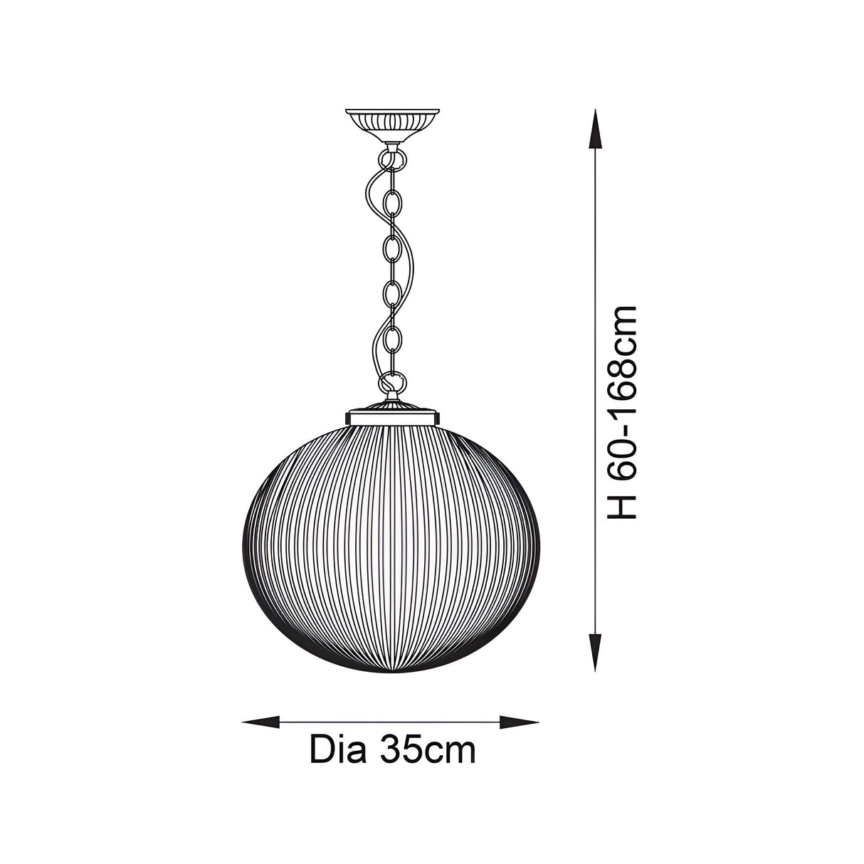 Dimension diagram of the Endon Ashmere Large Pendant showing a 35cm ribbed globe shade with chain suspension and adjustable 60–168cm drop.