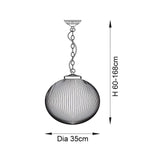Dimension diagram of the Endon Ashmere Large Pendant showing a 35cm ribbed globe shade with chain suspension and adjustable 60–168cm drop.