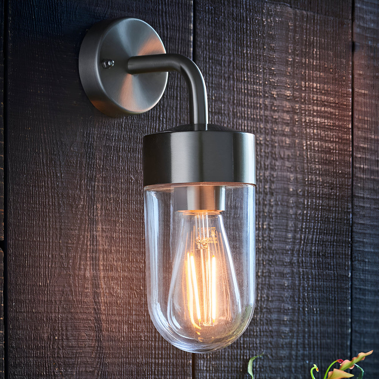 Endon Castfield outdoor wall light in brushed silver steel with a clear glass casing and exposed filament E27 bulb, mounted on a dark timber wall.