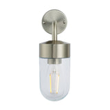 Endon Castfield outdoor wall light in brushed silver steel with clear glass cylinder shade and E27 filament bulb, shown on a plain white background.