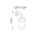 Dimension diagram of the Endon Castfield outdoor wall light showing 30cm height, 10cm width and 16cm projection on a plain background.