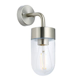 Endon Castfield outdoor wall light in brushed silver steel with a clear glass cylindrical shade and E27 filament bulb, shown on a white background.