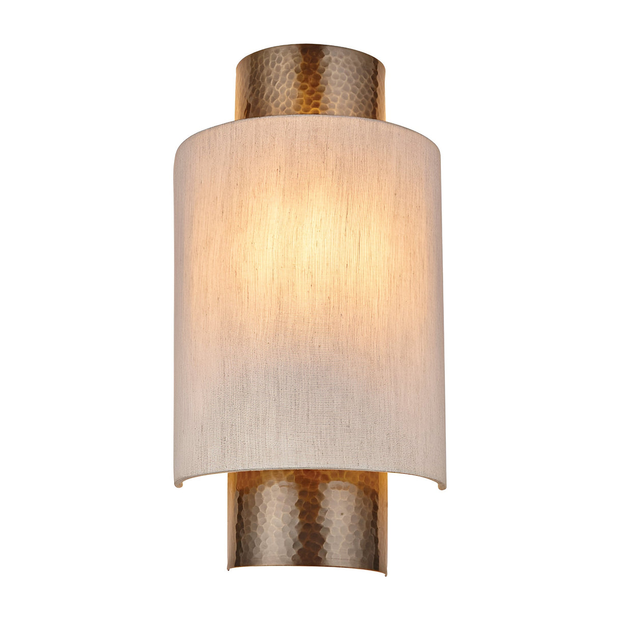Endon Brenwood wall light with hammered aged bronze metalwork and a natural linen-effect fabric shade, illuminated on a plain white background.
