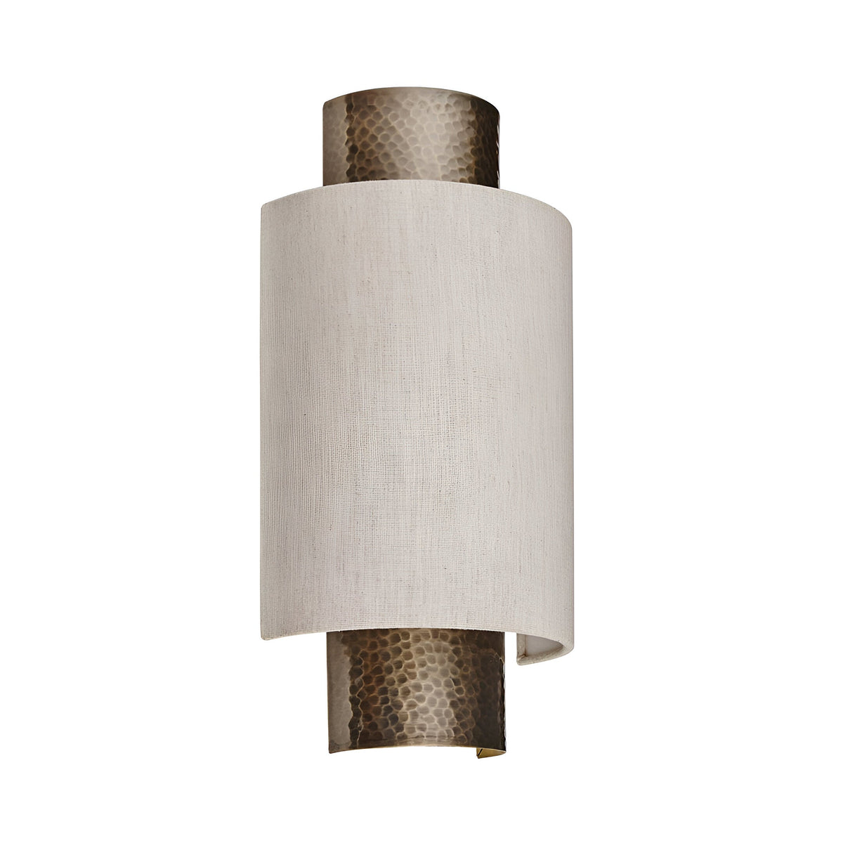 Endon Brenwood wall light with hammered aged bronze cylinder fitting and natural linen-effect fabric shade, shown on a plain white background.