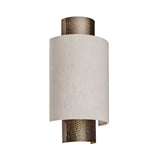 Endon Brenwood wall light with hammered aged bronze cylinder fitting and natural linen-effect fabric shade, shown on a plain white background.