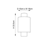 Dimensioned line drawing of the Endon Brenwood bronze wall light showing height 33.5cm, width 18cm and depth 10cm on a white background.