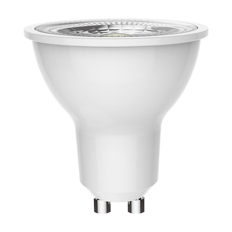 GU10 LED spotlight bulb, HE GU10 5W 3000K 450lm, clear glass face with white body and twist-pin base, shown on a plain white background.