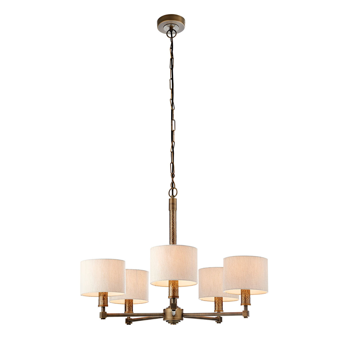 Endon Brenwood 5 light pendant with natural linen effect drum shades and hammered bronze finish, suspended on a chain from a ceiling rose.