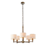 Endon Brenwood 5 light pendant with natural linen effect drum shades and hammered bronze finish, suspended on a chain from a ceiling rose.