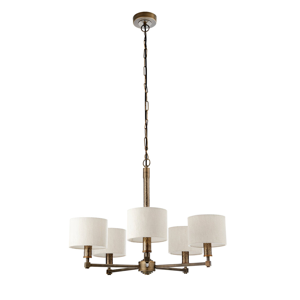 Endon Brenwood 5 light pendant with natural linen effect drum shades and hammered bronze finish steel frame, suspended from chain, on a white background.