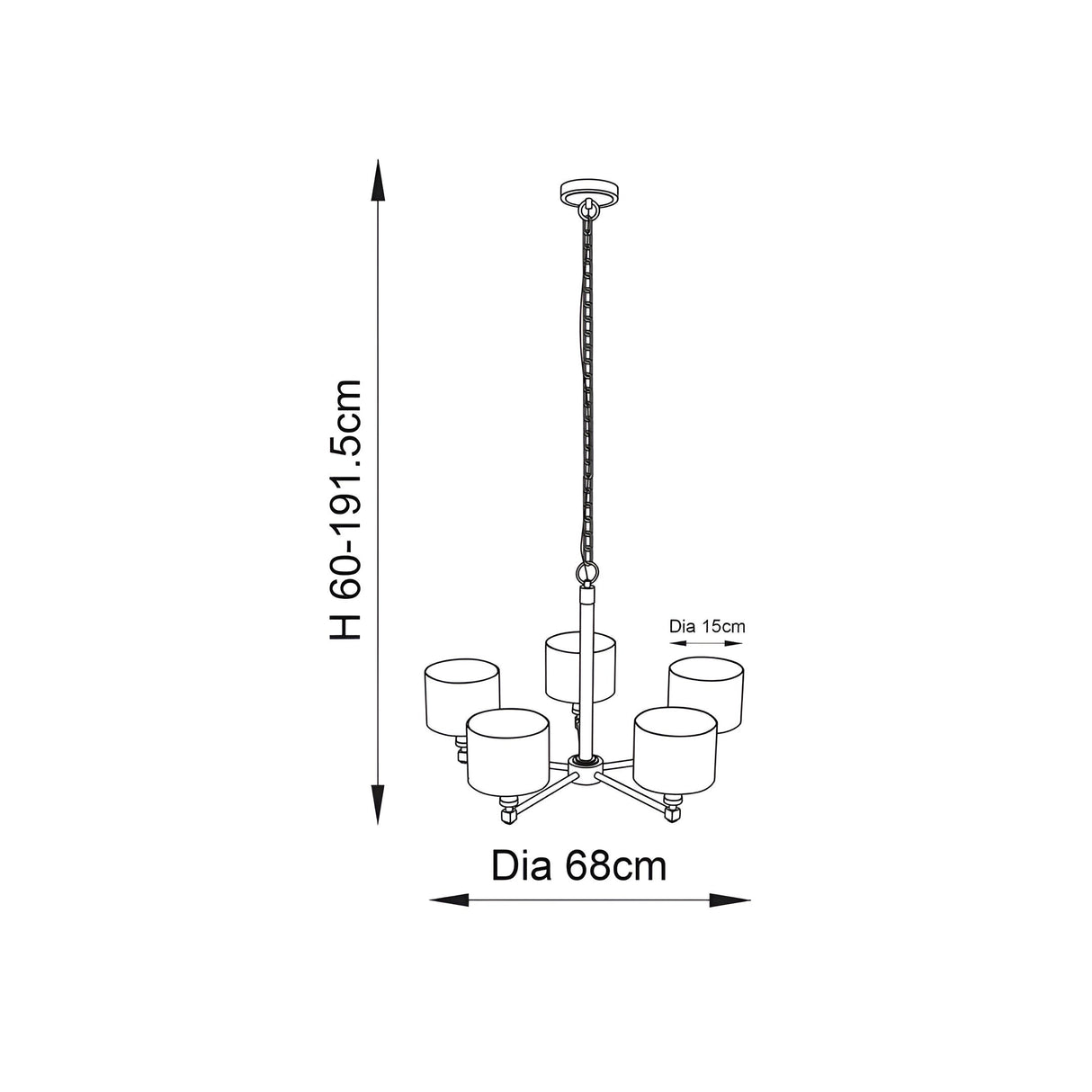 Dimension diagram of Endon Brenwood 5 Light Pendant showing 68cm diameter, 15cm shades and adjustable 60-191.5cm drop on a white background.