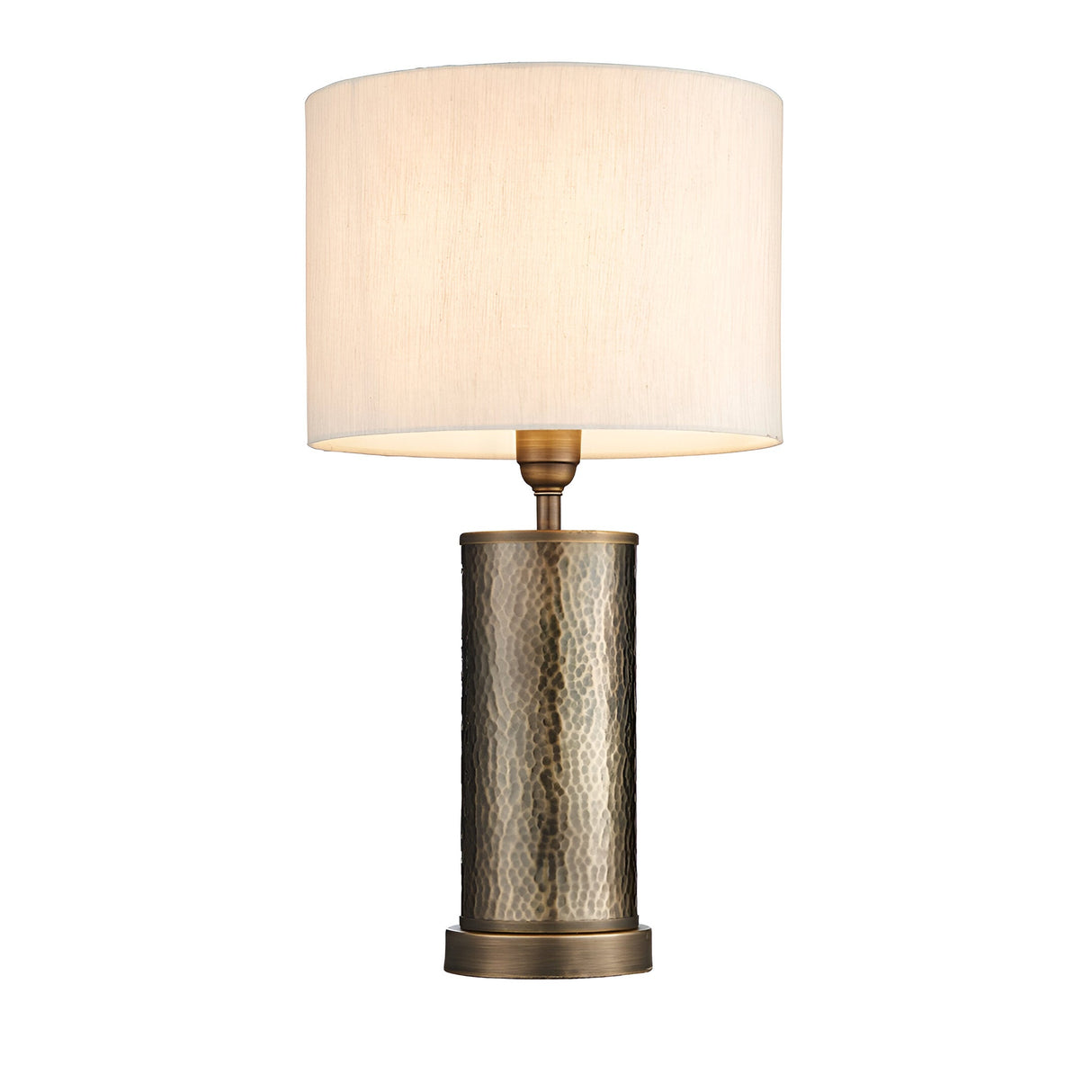 Endon Brenwood table lamp with a hammered aged bronze cylindrical steel base and natural linen-effect drum shade, shown on a plain white background.
