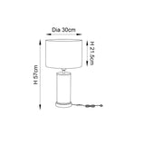 Dimensioned line drawing of the Endon Brenwood table lamp showing a 30cm drum shade, 21.5cm shade height and 57cm overall height.