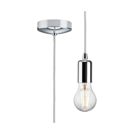 The 1.8m ES Contemporary Pendant Set in polished chrome showcases a minimalist design with an E27 lamp base and an exposed bulb. Suspended by a cord, it seamlessly combines modern aesthetics with industrial charm.