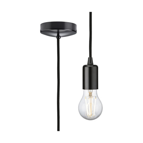 The 1.8m ES Contemporary Pendant Set in Matt Black features a single black pendant light fixture with a matt black finish and metal pendant lamp holder, showcasing an exposed LED bulb suspended from a black cord. The set includes a round black ceiling canopy, and the bulb is clear with visible filaments.