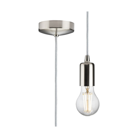 The 1.8m ES Contemporary Pendant Set in brushed chrome is a minimalist metal lamp that showcases a clear, exposed bulb suspended from a textured cable, featuring an E27 base. Its round ceiling mount complements the sleek metal design of the fixture.