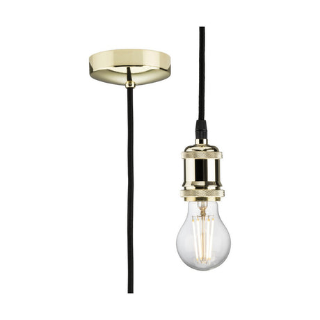 The 1.8m ES Vintage Pendant Set in polished brass features a vintage-style metal pendant light fixture with a gold metal socket and canopy, suspended by a black cord. The polished brass finish elegantly complements the E27 lamp base, designed to hold a clear incandescent bulb that accentuates its classic design.