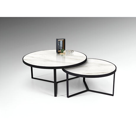 Naira Set of 2 Wood & Metal Tables – Matte Black & White Marble