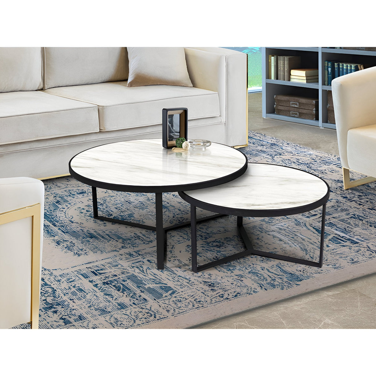 Naira Set of 2 Wood & Metal Tables – Matte Black & White Marble