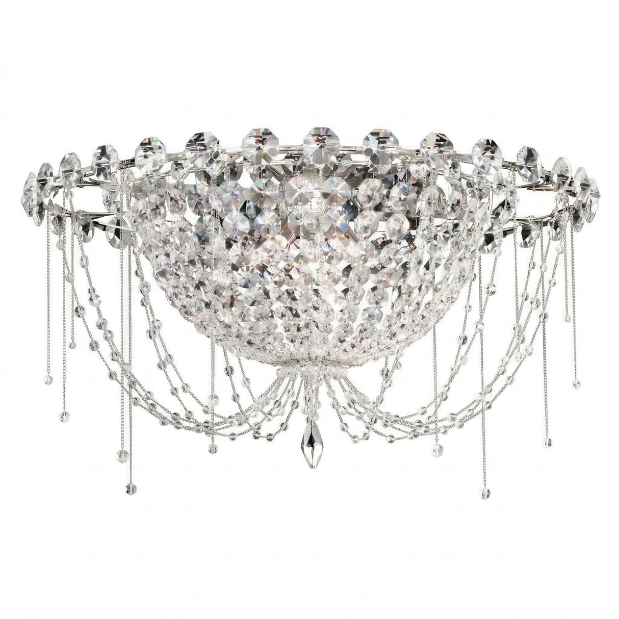 The Amara 5 Light K9 Crystal Flush Ceiling Light in chrome features a bowl-shaped design with faceted crystals and draped beaded chains, creating an elegant and sparkling chandelier effect.