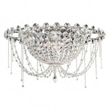 The Amara 5 Light K9 Crystal Flush Ceiling Light in chrome features a bowl-shaped design with faceted crystals and draped beaded chains, creating an elegant and sparkling chandelier effect.