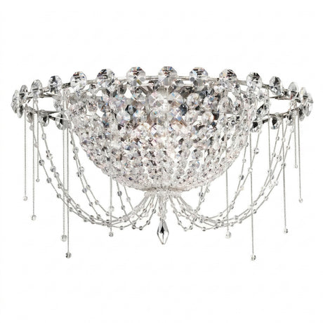 The Amara 5 Light K9 Crystal Flush Ceiling Light in chrome features a bowl-shaped design with faceted crystals and draped beaded chains, creating an elegant and sparkling chandelier effect.