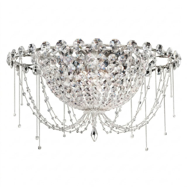 The Amara 5 Light K9 Crystal Flush Ceiling Light in chrome features a bowl-shaped design with faceted crystals and draped beaded chains, creating an elegant and sparkling chandelier effect.