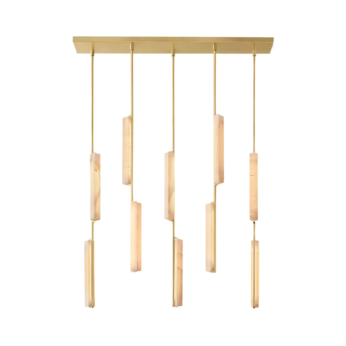Niori Selvara linear chandelier with ten vertical alabaster batons at staggered drops from a brushed brass rectangular canopy, on a white background.
