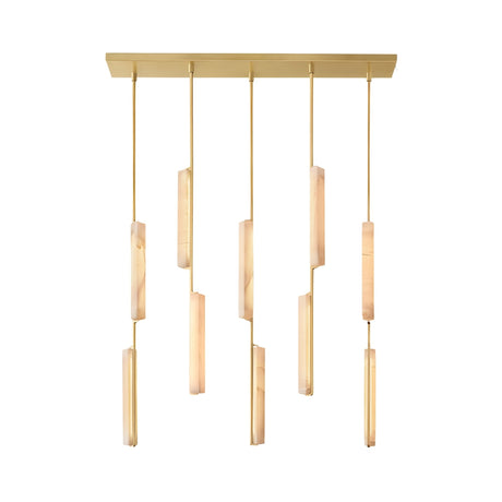 Niori Selvara linear suspension with ten vertical alabaster batons at staggered drops from a brushed brass rectangular canopy, on a white background.